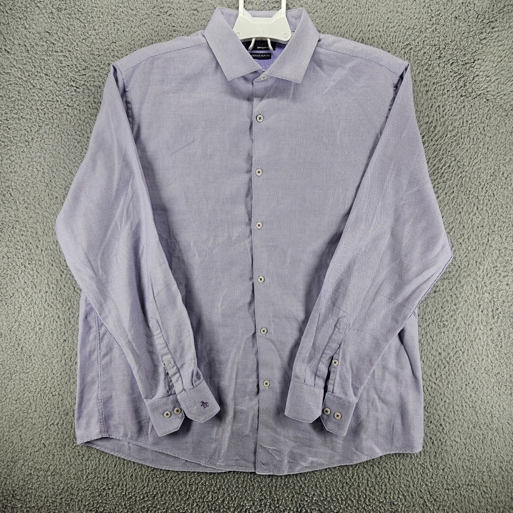 Original Penguin Heritage Slim Fit Shirt Mens 16.5 34/35 Purple Micro Check